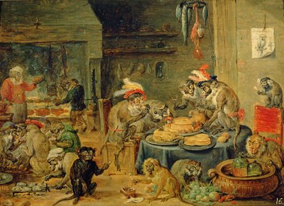 モンキーバンケット、1810年（木材に油彩） 作： David Teniers the Younger